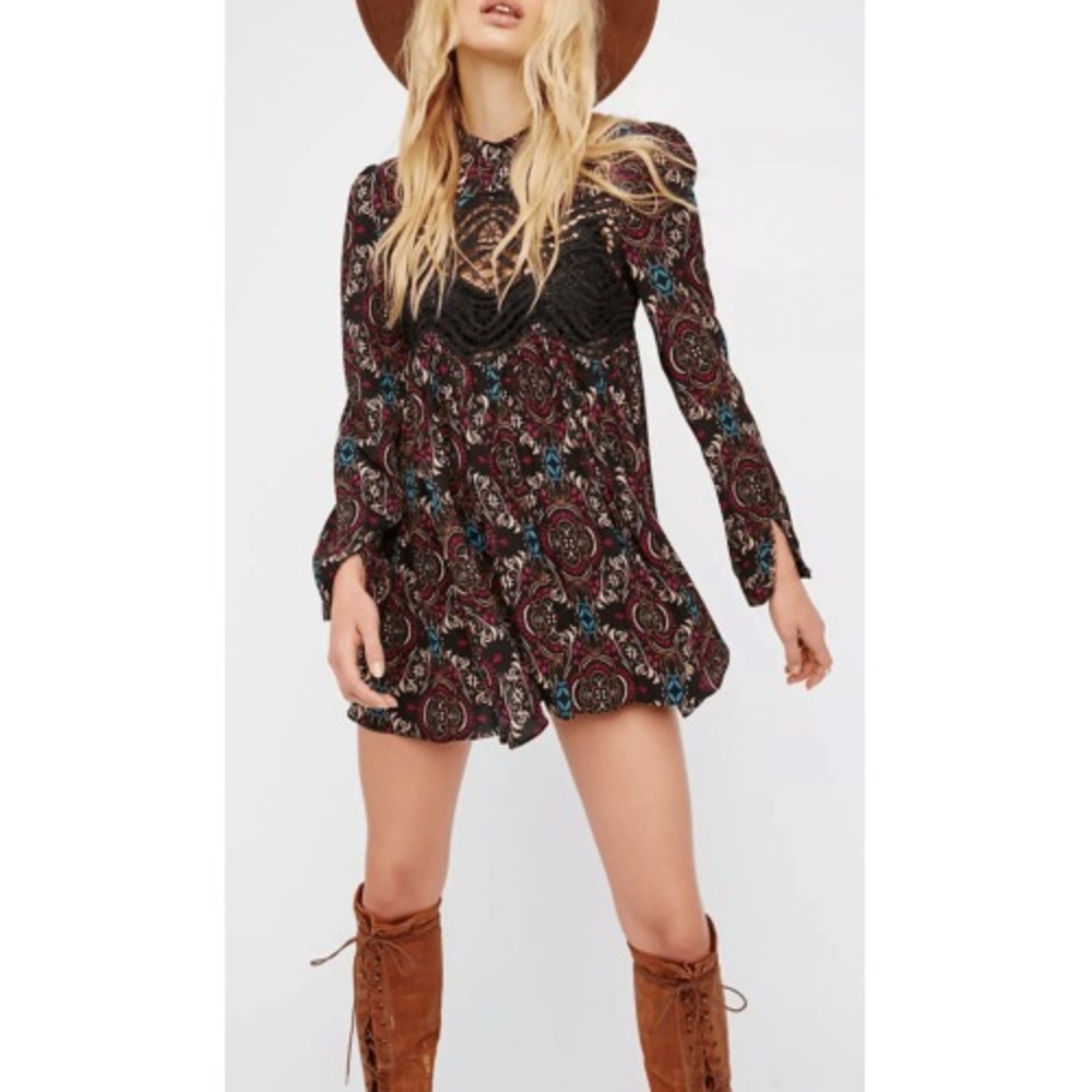 Free People Mini Dress Tunic Fairy Women Small Black Red Floral Crochet Boho